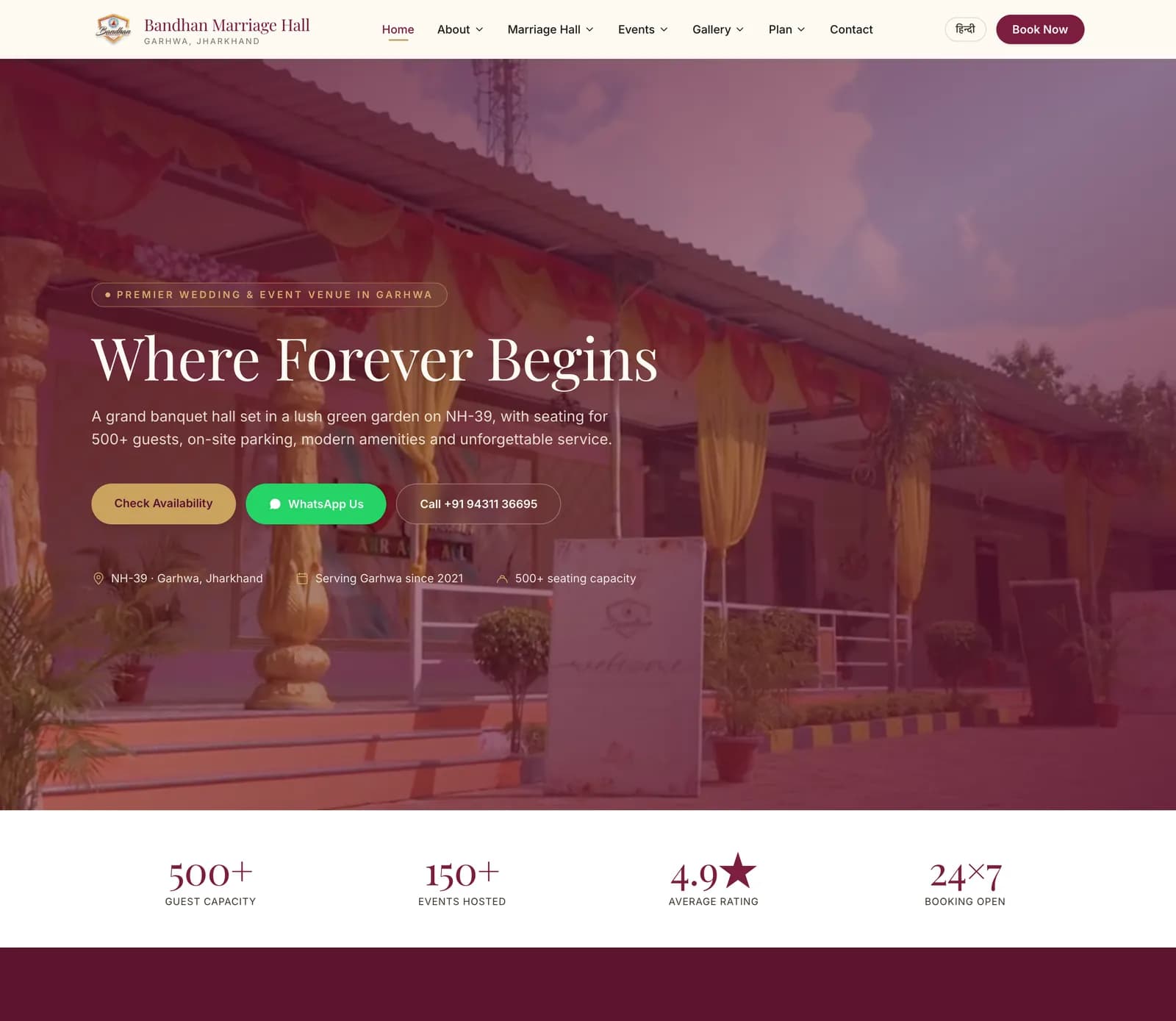 The new Bandhan Marriage Hall website homepage designed and built by Global Info Edge — a bilingual wedding-venue site in Garhwa, Jharkhand