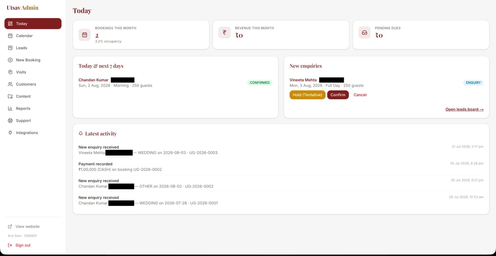 Utsav Garden admin dashboard with bookings, revenue and enquiry KPIs.