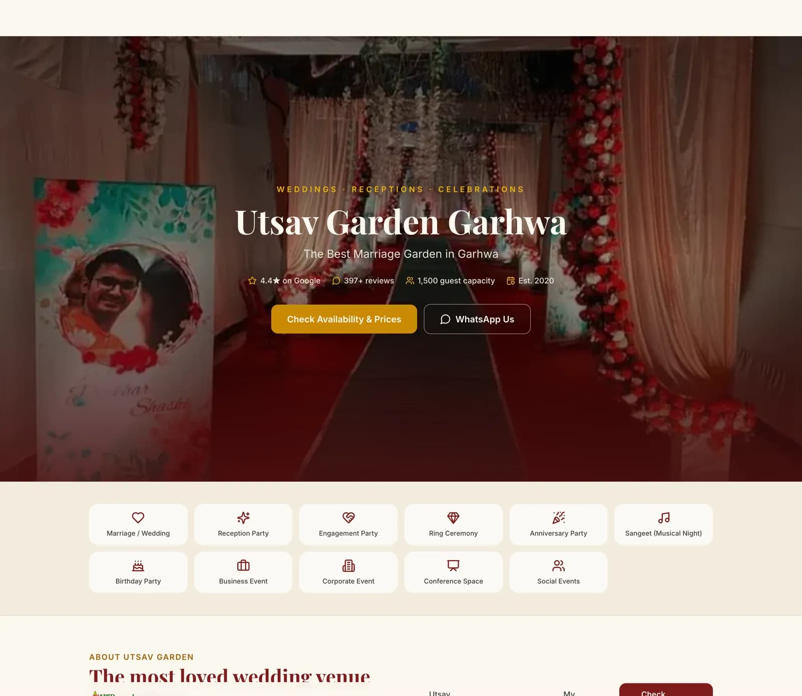 The new Utsav Garden Garhwa website homepage — a Next.js marriage-garden site designed and built by Global Info Edge