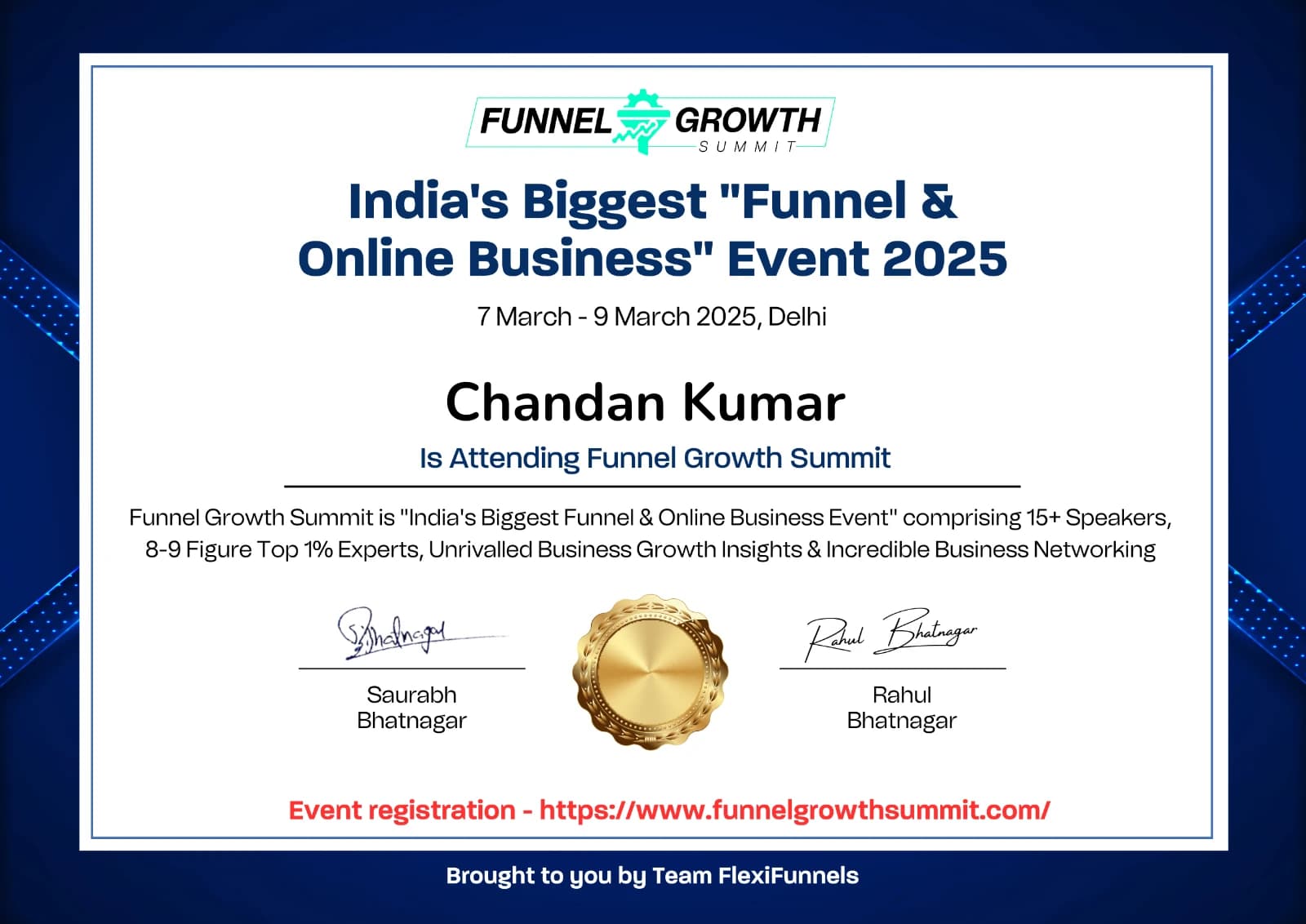 Chandan Kumar's certificate of attendance for the Funnel Growth Summit 2025, Delhi