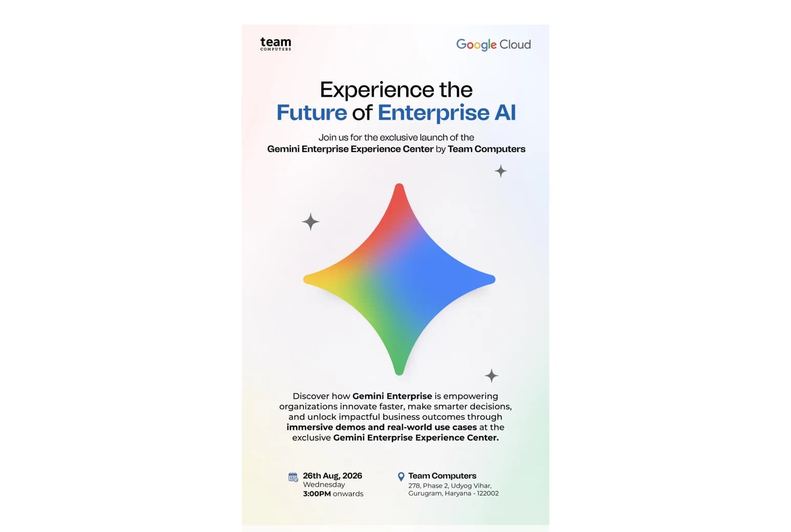 Invitation to the Gemini Enterprise Experience Center launch by Team Computers with Google Cloud, 26 August 2026, Gurugram