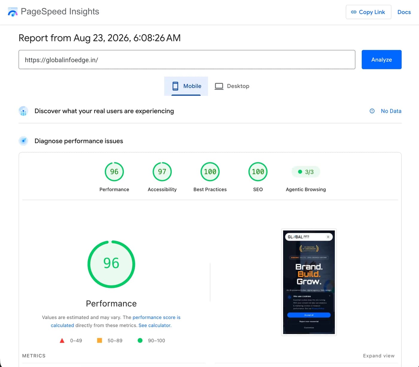 Google PageSpeed Insights showing a 96 Performance score for globalinfoedge.in on mobile