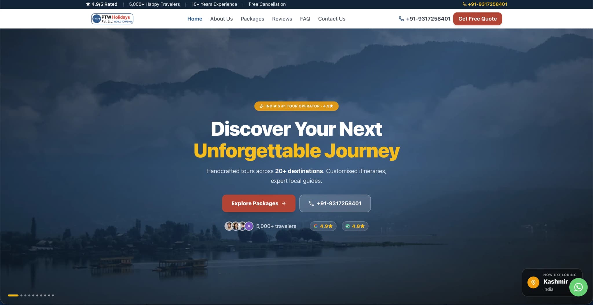 Travel & Hospitality website — desktop view