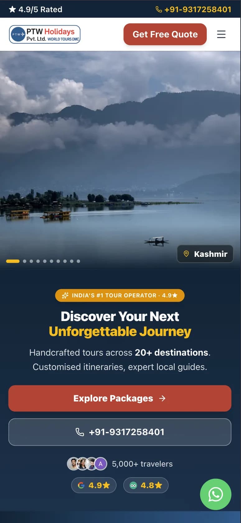 Travel & Hospitality website — mobile view